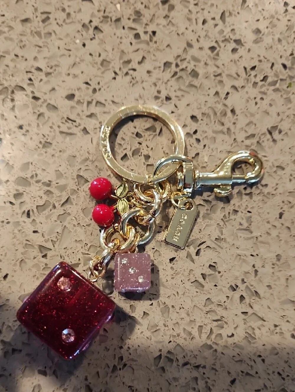 Purse Charm Gold-Tone Key & Card Holder Charm with Red and Pink Glitter Accents